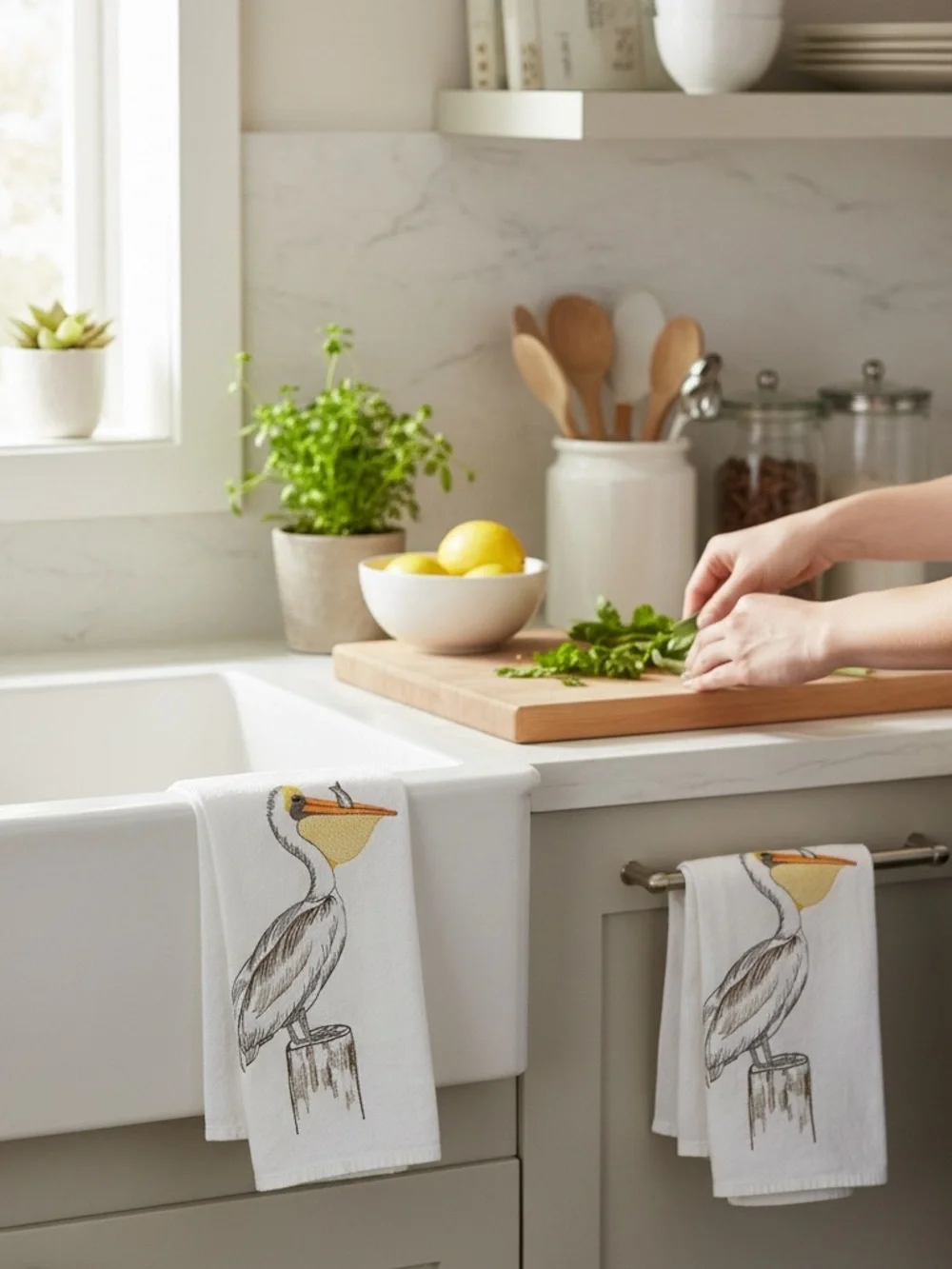 Two White Pelican Embroidered Coastal Kitchen Towels - Set of 2